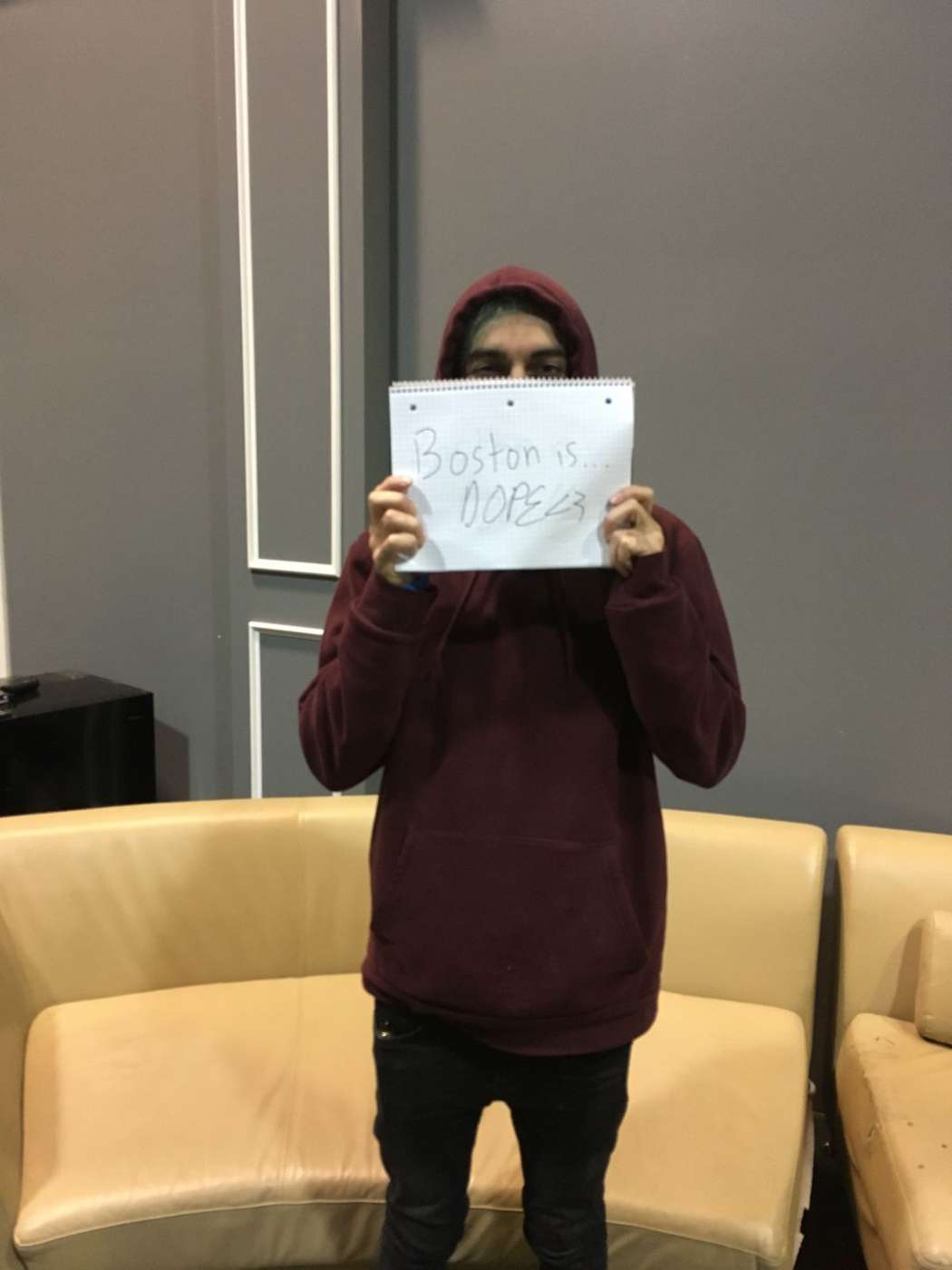 Luca Lush holding a notepad: Boston is… DOPE